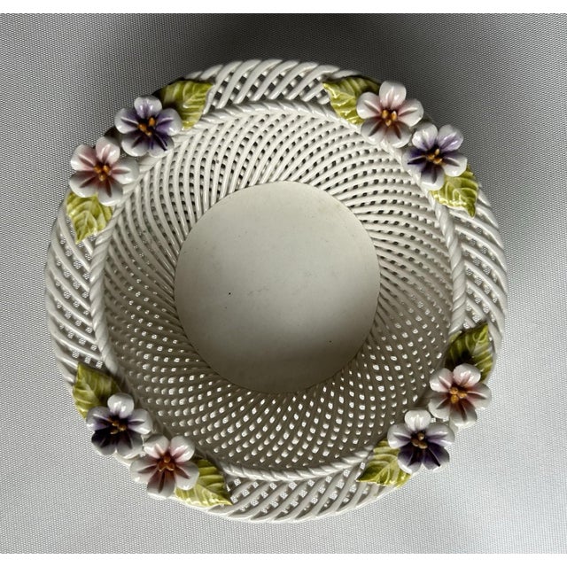 Belleek Pottery Ltd. Mid 20th Century Bowl Irish Porcelain Woven Basket Flowers Porcelain Belleek Style Unmarked Vtg. For Sale - Image 4 of 18