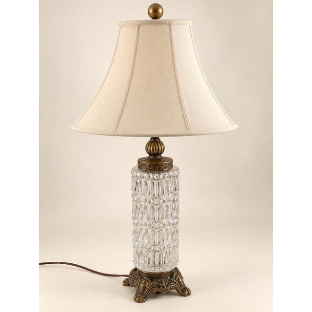 Vintage French Neoclassical Illuminated Crystal Table Lamp With Cream Bell Shade For Sale - Image 4 of 8