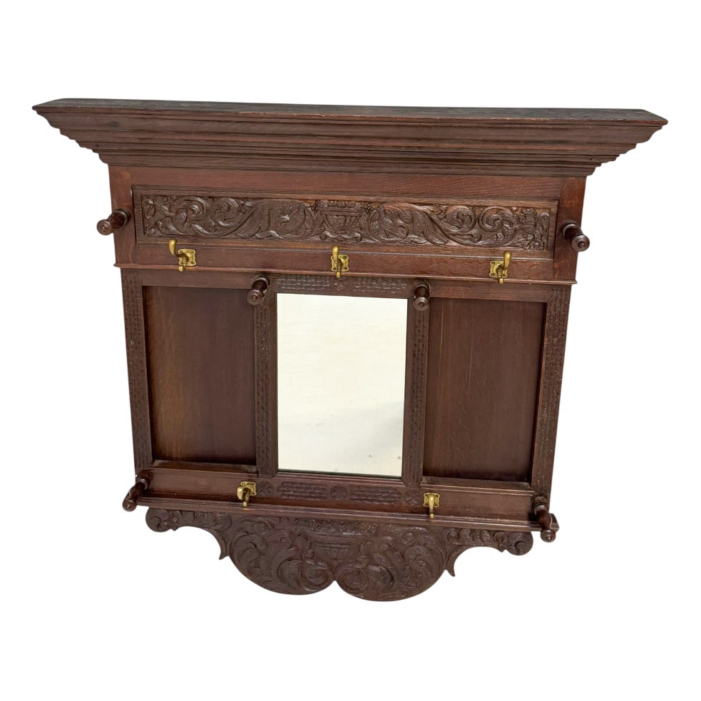 Renaissance Revival Hand-Carved Coat Rack with Mirror, 1900s | Chairish