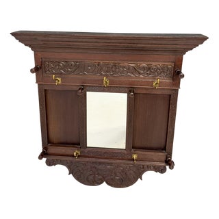 Renaissance Revival Hand-Carved Coat Rack with Mirror, 1900s For Sale