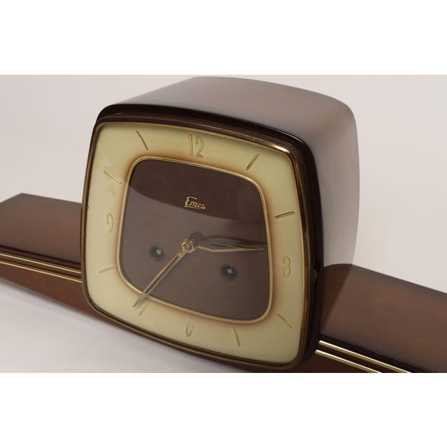 German Art Deco Mahogany and Brass Mantle Clock With Key by Emes For Sale - Image 12 of 18
