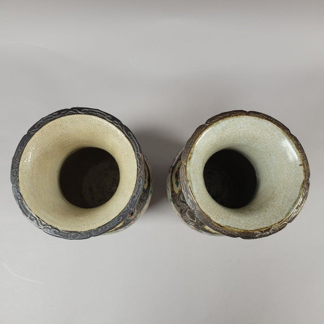 Ceramic Pair Chinese Nanking Crackle Glaze Famille Verte Warrior Vases With Dragons, Late Qing C. 1880 For Sale - Image 7 of 10