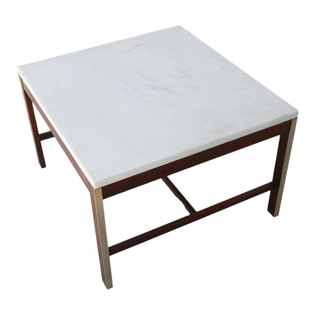 1960s Paul McCobb for Calvin Walnut Brass and Marble Coffee Side Table For Sale