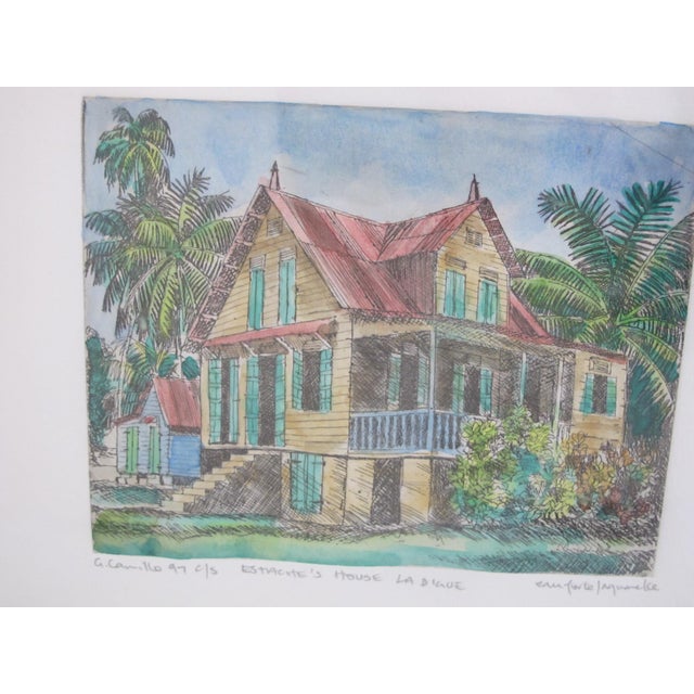 G Camille Small Seychelles Watercolor Painting Estache's House La Digue Island For Sale - Image 4 of 7