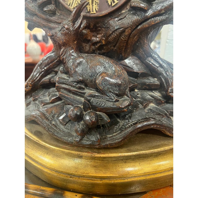 Black 19th Century Black Forest Carved Clock Mounted Lamp With Cowhide Shade For Sale - Image 8 of 13