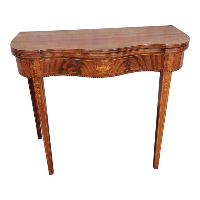 1920s Federal Style Satinwood Inlaid Flame Mahogany Serpentine Card Table For Sale