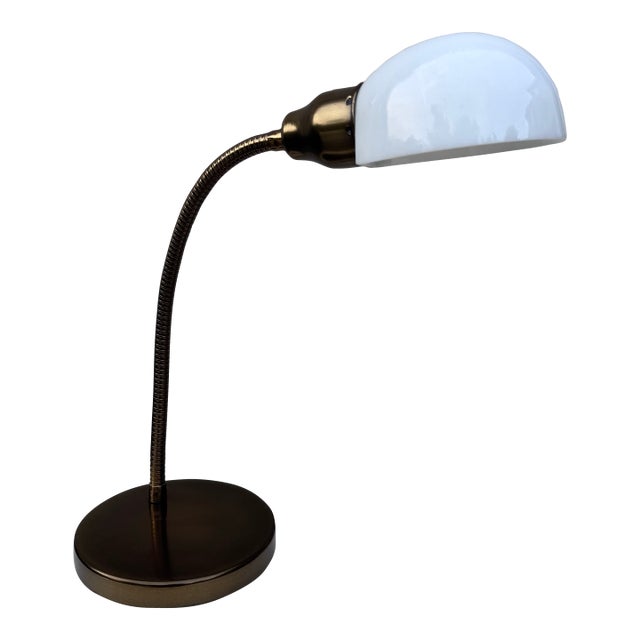 Vintage 1960s Brass Gooseneck Desk Lamp Milk Glass Dome Shade Mid-Century Modern Task Light For Sale