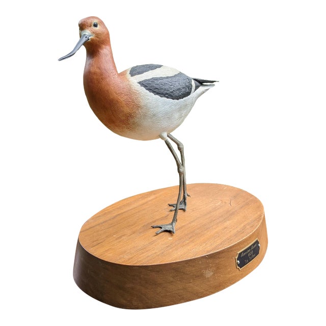 Late 20th Century American Avocet Tim TerMeer 1/30 Hand-Painted Metal Sculpture Spinning Wood Base For Sale