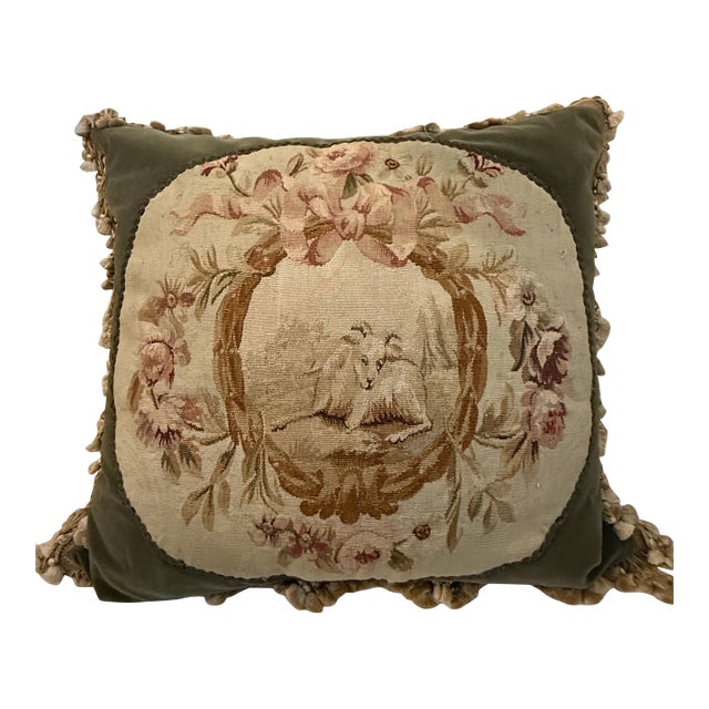 Antique Aubusson Tapestry Pillow With Reclining Dog & Floral Wreath — 24” X 20 For Sale