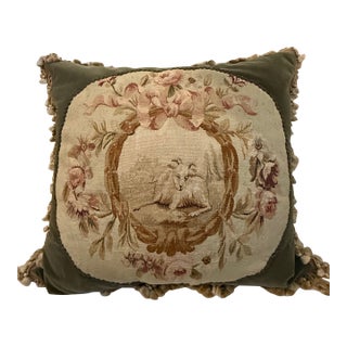 Antique Aubusson Tapestry Pillow With Reclining Ram & Floral Wreath — 24” X 20 For Sale
