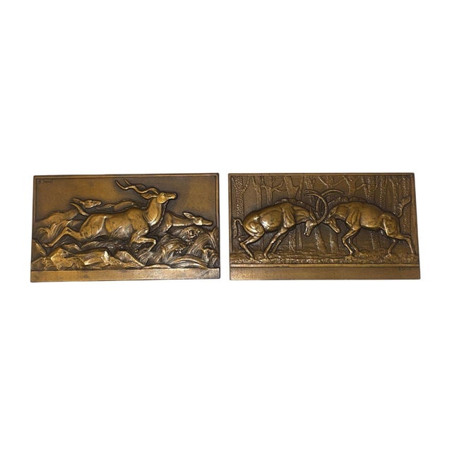 Pair of French Art Deco Bronze Antelope Plaques on Stands by Thenot, c.1930's. For Sale In Los Angeles - Image 6 of 9