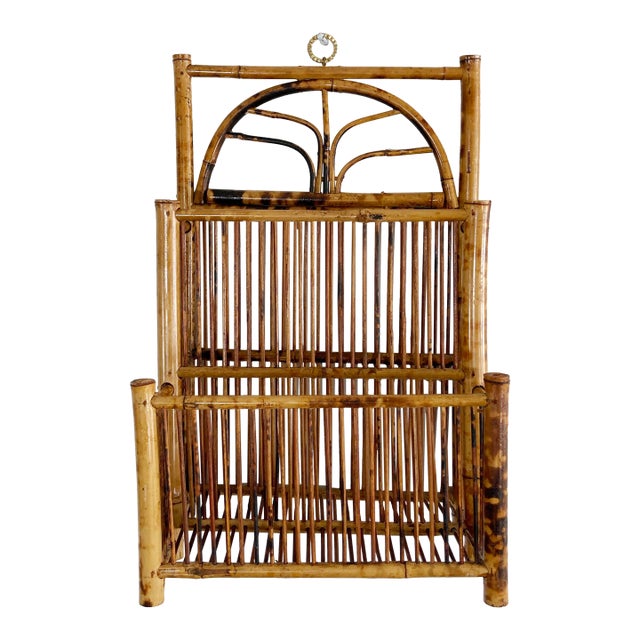Vintage Scorched Bamboo Hanging Magazine Rack For Sale