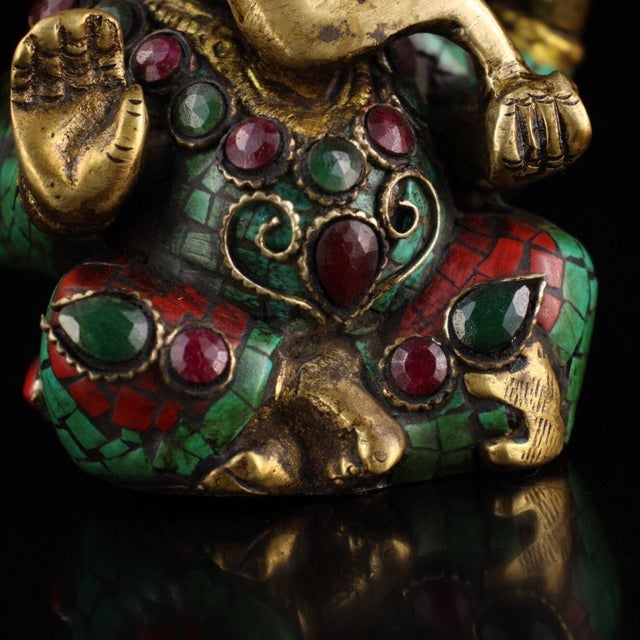 1990s Brass Inlaid Ganesha Statue With Coral and Turquoise For Sale - Image 5 of 8