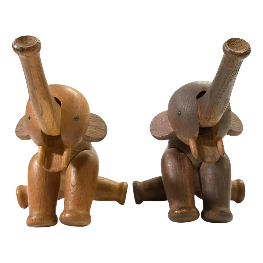 Kay Bojesen Pair of Carved and Articulated Oak Elephants, From