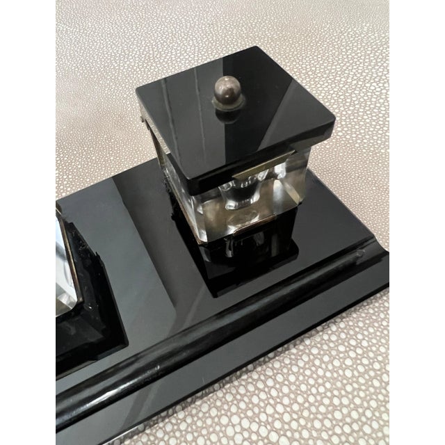 Black Glass Ink Well with Brass Accents, Crystal Wells and Dipping Pen For Sale - Image 10 of 12