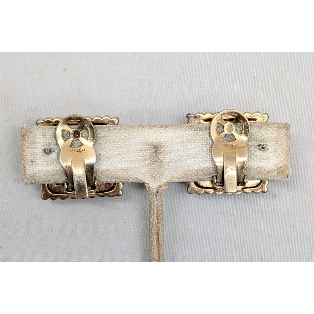 Metal Vintage Signed Mazer Square Goldtone Ribbed Cabochon Faux-Sapphire Clip Earrings-2 Pieces For Sale - Image 7 of 10