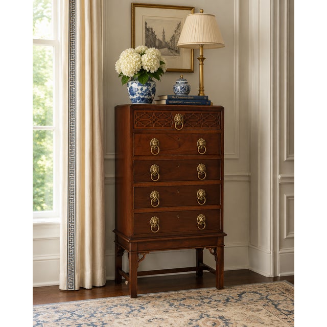 Vintage Baker Furniture Historic Charleston Collection mahogany tall chest, circa 1980s, featuring five drawers, pierced...