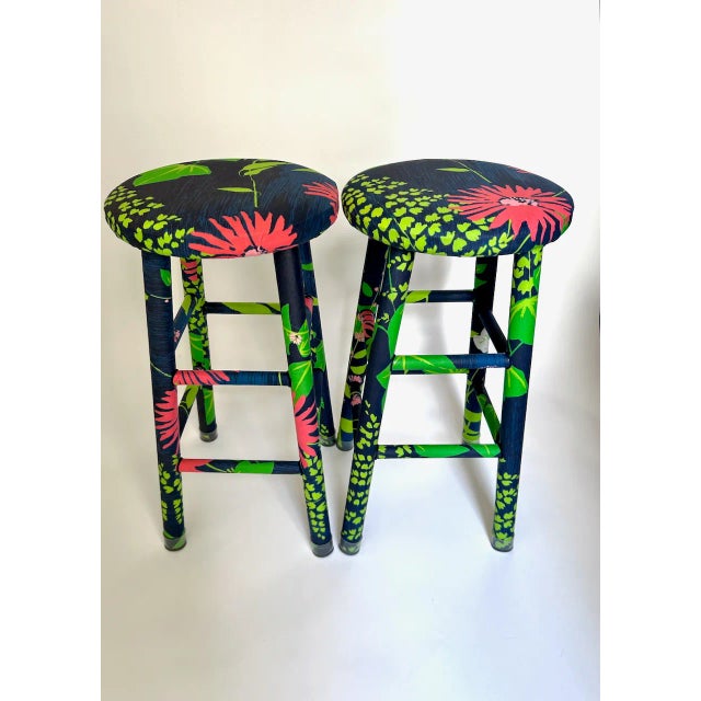 Navy Blue Pair of Vintage Greeff "Summertime Collection" Fabric Wrapped Wooden Counter Stools For Sale - Image 8 of 18