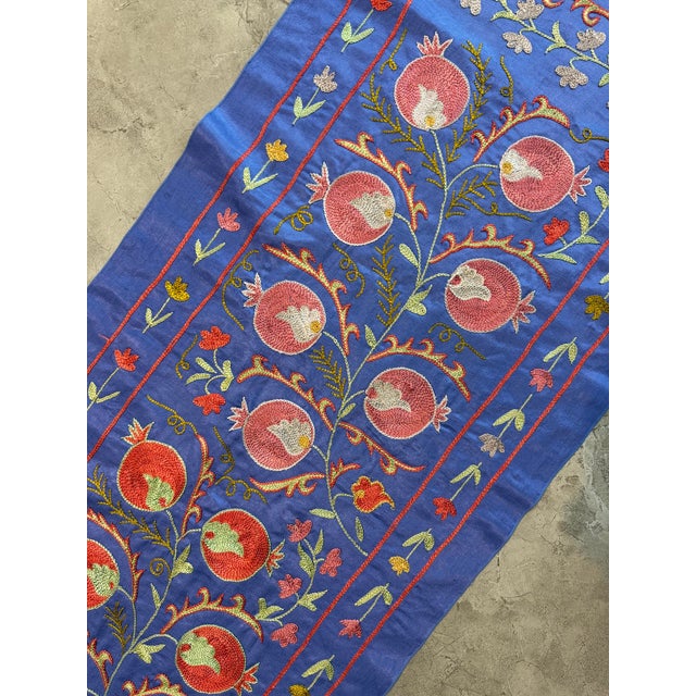 Blue Silk Suzani Table Runner With Pomegranate Vine For Sale - Image 9 of 10