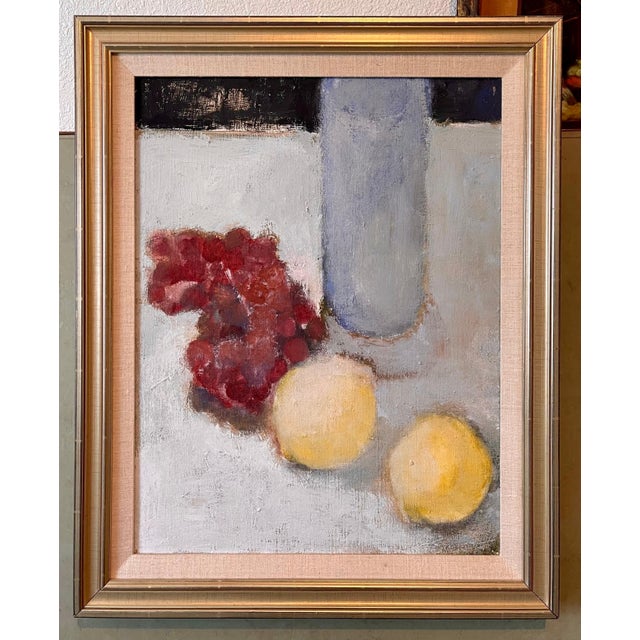 Betsy Podlach (American, born 1964.) Still life with Fruit and Glass Bottle Framed it measures 26.5 X 21.5 Canvas is 21.5...