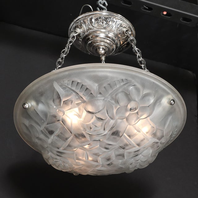 Metal Art Deco Frosted Glass Floral Cubist Chandelier W/ Chrome Fittings Signed Degué For Sale - Image 7 of 18