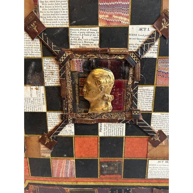 Richly layered mixed media collage on antique game board having Shakespeare plays as its theme with bits of vintage texts...