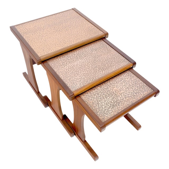 Hammered Copper Top & Teak Set of 3 Nesting Side End Tales Stands Danish MINT For Sale
