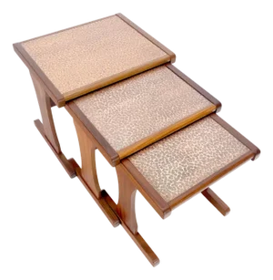 Hammered Copper Top & Teak Set of 3 Nesting Side End Tales Stands Danish MINT