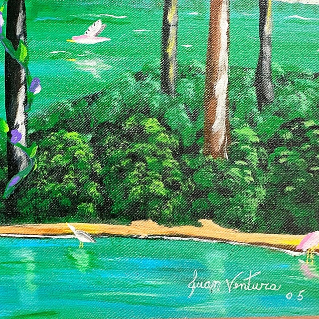 Large Tropical Hawaiian Scenic With Flamingos Oil on Canvas Signed For Sale - Image 4 of 8