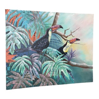 Monumental Vintage Tropical Toucan Painting on Canvas For Sale