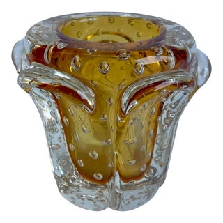 Vintage Italian Venetian Murano Style Amber Glass Votive Candlestick Holder With Controlled Bubbles For Sale