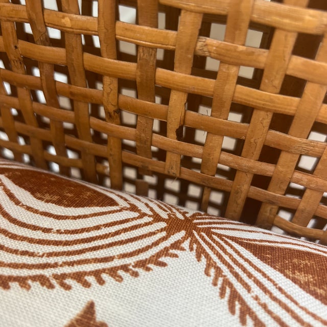 Mid 20th Century Billy Baldwin for Bielecky Brothers Mid Century Rattan Cane Tuxedo Sofa With Penny Morrison Linen Fabric For Sale - Image 5 of 9