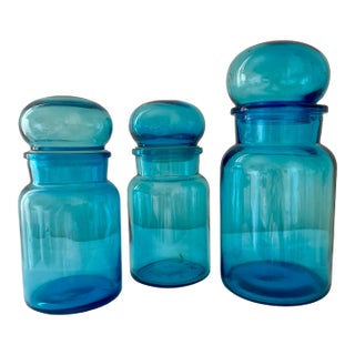 Vintage Set of 3 Glass Apothecary Jars With Bubble Tops - Made in Belgium For Sale