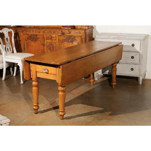 English 1875s Pine Drop Leaf Table with Two Lateral Drawers and Turned Legs For Sale - Image 12 of 13