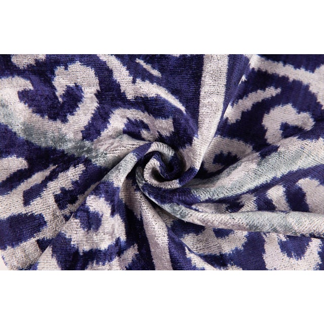 Handmade Geometric Silk Velvet Pillow 16x24, Down Feather Insert, Blue & Gray Ethnic Motif For Sale - Image 4 of 6