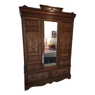 19th Century Victorian Burl Wood & Oak 3-Door Grand Wardrobe Armoire With Mirror For Sale