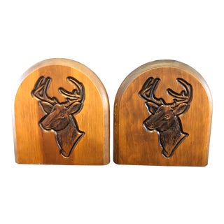 1960s Mid-Century Modern Deer Stag Head Wood Bookends - a Pair For Sale