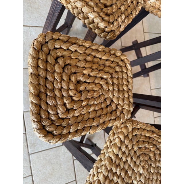 Set of 6 Vintage French Wood and Hemp Bar Stools Attributed to Adrien Audoux and Frida Minet For Sale - Image 10 of 18