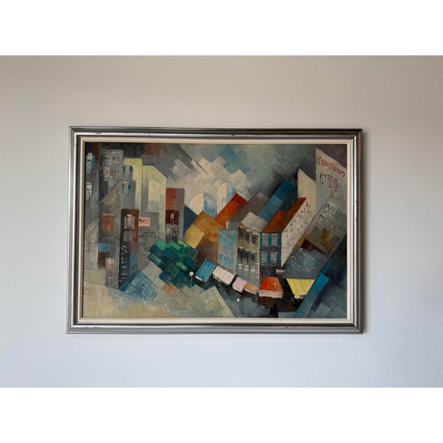 Abstract 1970’s Mid-Century Impressionist Geometric Abstract Cityscape Oil on Canvas Painting, Framed For Sale - Image 3 of 12