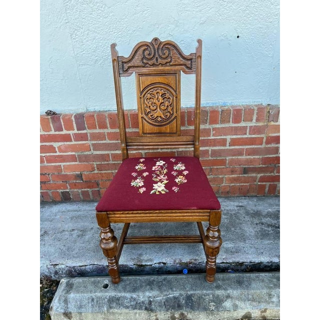 Pair of Antique Jacobean Style Solid Tiger Oak Needlepoint Dining Chairs, 19th Century For Sale - Image 9 of 11