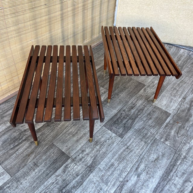 Mid-Century Modern A Pair of Newly Restored Mid Century Modern George Nelson Style Wood Slat Benches / Side Tables. For Sale - Image 3 of 18