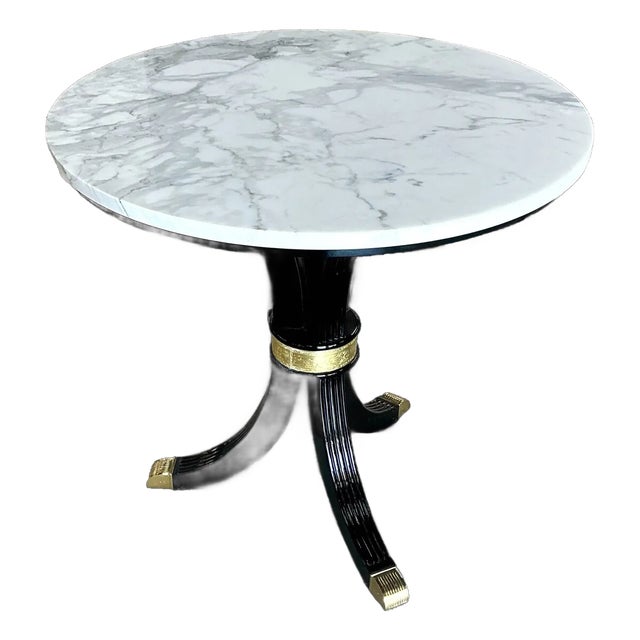 Flagler Round Accent Table in Ebony Lacquer & Brass For Sale