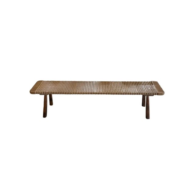 Solid Teak Wood Bench With Softened Edges and Sculptural Leg Form For Sale - Image 6 of 8