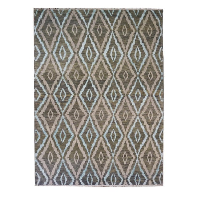 Nepalese Modern Wool & Silk 9X12 Green, Blue & Grey Handmade Area Rug #9902959