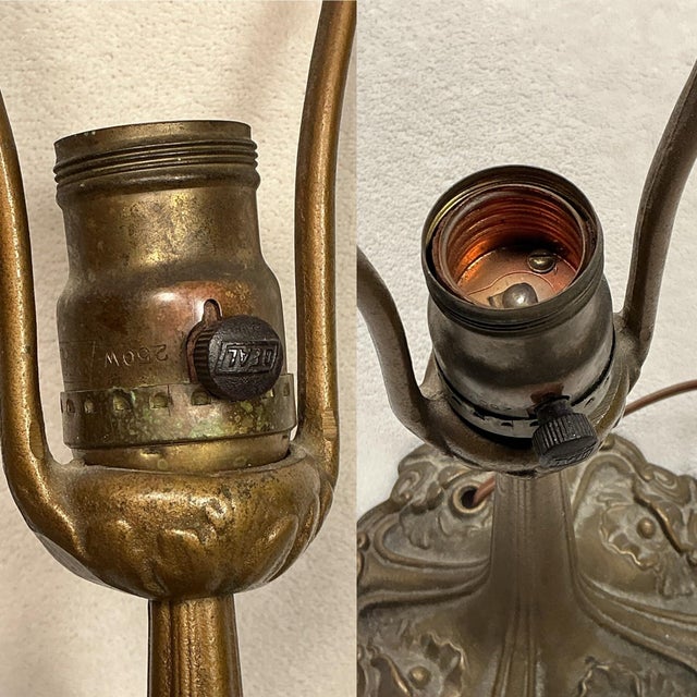 Antique Aladdin Art Nouveau Glass & Cast Metal Reverse Painted Tree Landscape Bourdoir Table Lamp For Sale - Image 9 of 12
