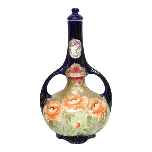 Antique Royal Nippon Hand Painted Nishiki Cobalt Blue Floral Vase With Stopper For Sale