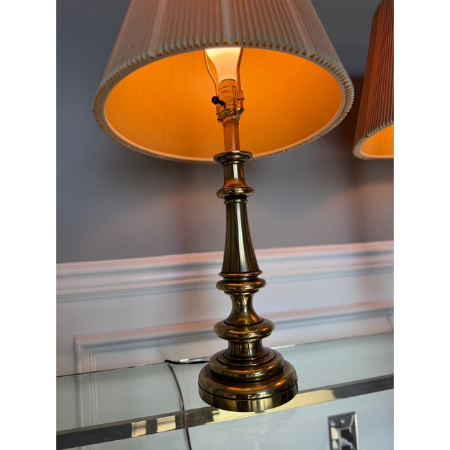 Metal Vintage Stiffel Hollywood Regency Solid Brass Table Lamps w/ Shade – a Pair For Sale - Image 7 of 12