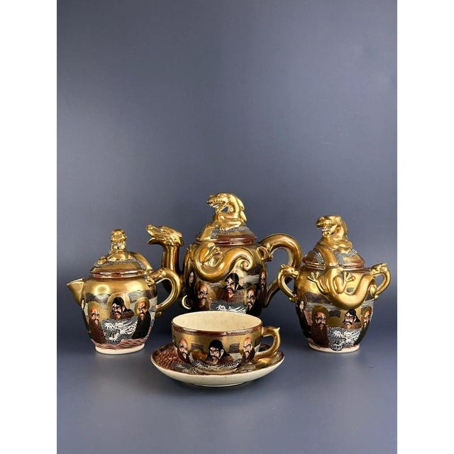 Antique Japanese Meiji Hand-Painted Shimazu Satsuma Tea Service with Moriage Kannon Immortals and Dragons, Set of 14 For Sale - Image 4 of 11