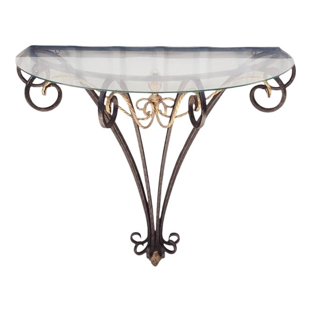 Vintage Hollywood Regency Demilune Black Gold Gilt Twisted Rope Iron Half Moon Wall Console Table For Sale