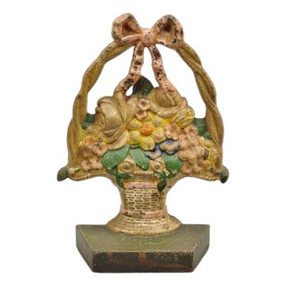 Antique Victorian Cast Iron Painted Floral Bouquet Pink Bow Basket Door Stop For Sale
